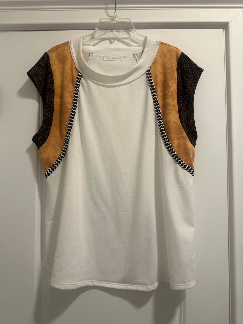 Ces Femme White Sleeveless Contrast Panel Top with Tan & Black Accents
